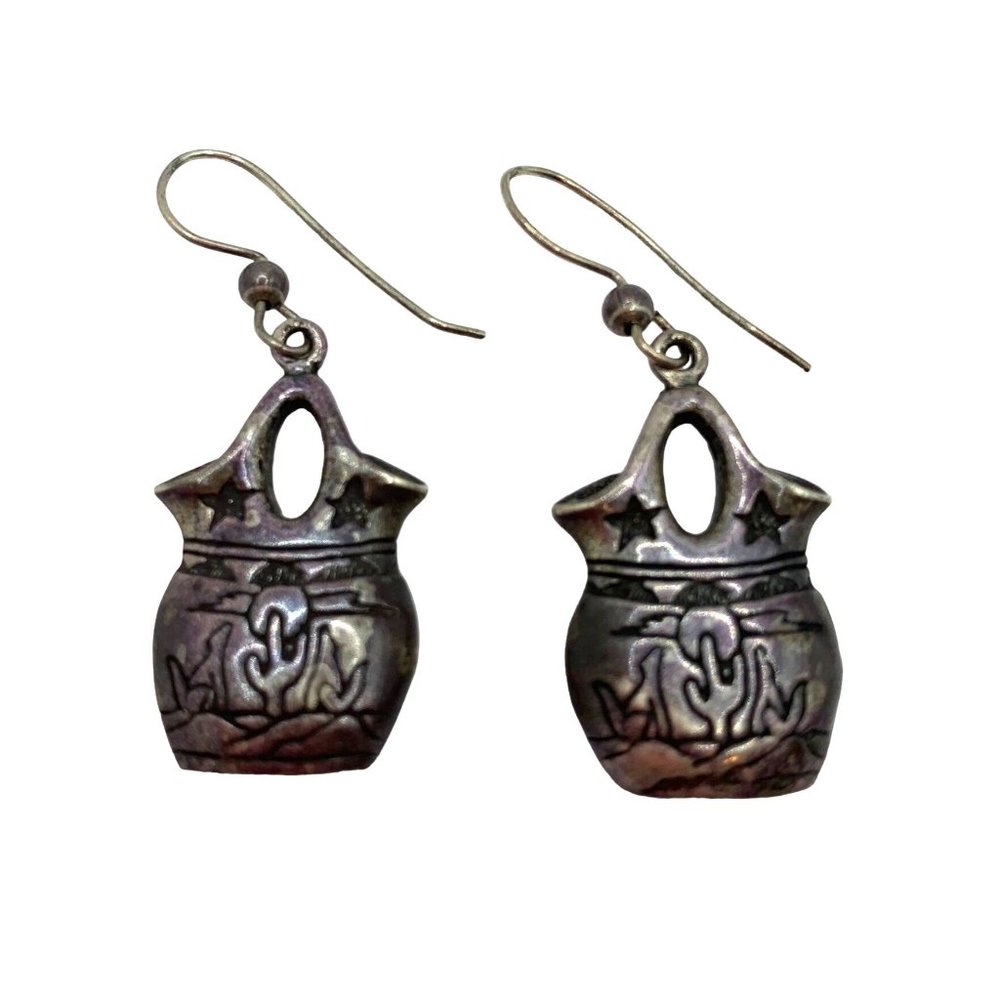 Vintage Silver Native American Wedding Pot Shaped Dangle Wire Earrings